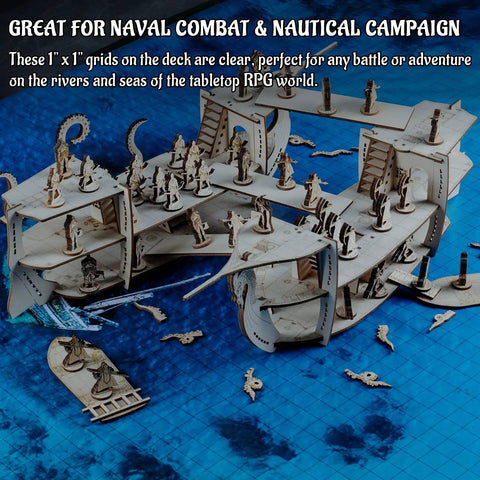 DND Ship Miniature With Three Level Wooden Naval Battle Terrain Map For Roleplay Campaigns showing detailed ship deck layout