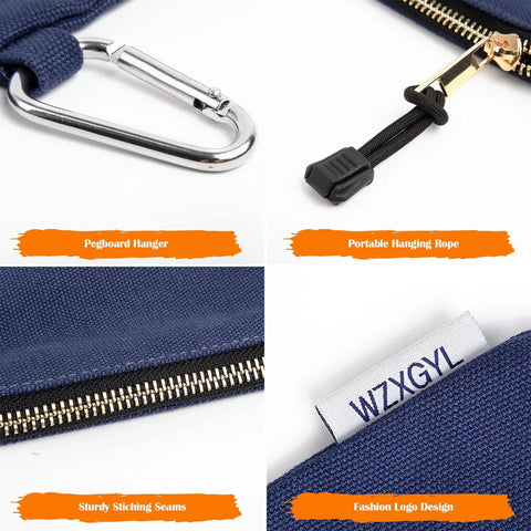 Close-up details of Heavy Duty Canvas Tool Pouches Set with Zipper Bags and Carabiners, 12x7 Inch, showcasing carabiner and stitching.