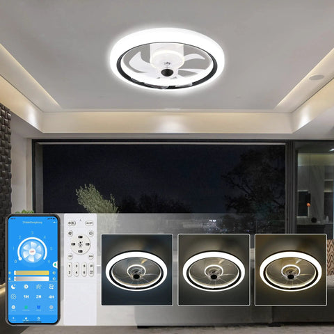 Low Profile 20 Inch LED Ceiling Fan With Light, Smart Dimmable Flush Mount Indoor Fan for bedroom and kitchen, app remote control shown.