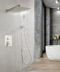 Modern bathroom with 8 Inch Brushed Nickel Rain Shower System With Wall Mount Kit Featuring Rainfall Shower Head And Handheld Valve Included