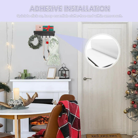 Room interior showing a compact wall mount key holder with tray and six hooks black finish easy two mount options with adhesive tape or screws