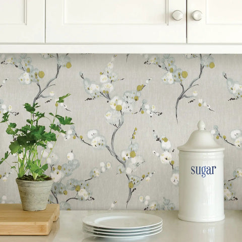 Gray Floral Peel And Stick Wallpaper Removable For Walls in kitchen, self adhesive home decor with flowers on taupe-grey linen backdrop
