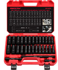 Heavy Duty 29-Piece 1/2 Inch Drive Impact Socket Set With SAE 3/8 To 1 Inch And Metric 10-24mm, Includes Extension Bars, Deep And Shallow Sockets, CR-V Material, Built Tough For Pros And DIYers in red case.