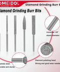 Dremel Compatible Diamond Burr Bits Kit For Carving Engraving Grinding And Polishing Stone Glass Jewelry And Rocks With One Eighth Inch Shank Eleven Piece Rotary Tool Accessory Set, showing various burr shapes and features like shank diameter and material.
