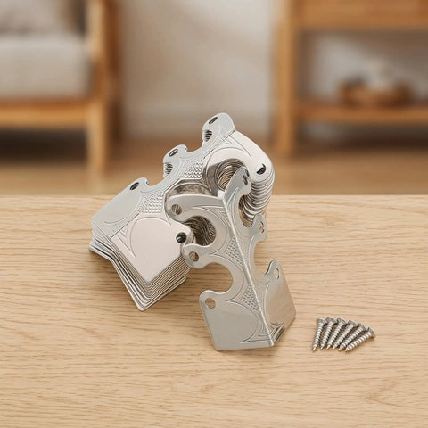 Heavy Duty Metal Corner Protectors Set For Jewelry Boxes Tables And Trunks with mounting screws on wooden surface