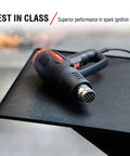 Red and black heat gun resting on a black textured surface with 'Best in Class' text highlighting performance.