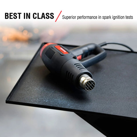 Red and black heat gun resting on a black textured surface with 'Best in Class' text highlighting performance.