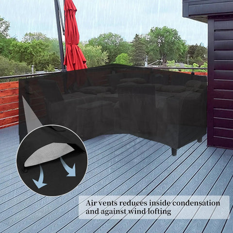 600D Patio V Shaped Sectional Sofa Cover Waterproof Outdoor Furniture Cover Built Tough Heavy Duty Garden Cover With Air Vent 89 Inches Long On Each Side 33.5 Inches Deep 31 Inches High Black covering outdoor furniture on a rainy deck.