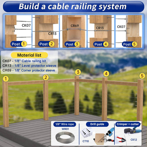 Diagram of a cable railing system with wooden posts and wire rope, featuring Dope Cable Railing Drill Guide Jig For Wood Posts 45 And 90 Degree Angles.