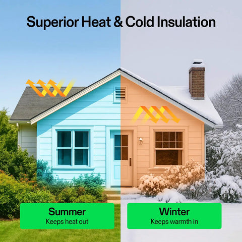 House showing insulation effect with 2 Pack Double Bubble Foil Insulation Roll 6 Inch By 25 Feet Reflective HVAC Pipe Duct Wrap For Attics Garages Windows Moisture And Odor Resistant Weatherproof Thermal Shield Pro Grade in summer and winter.