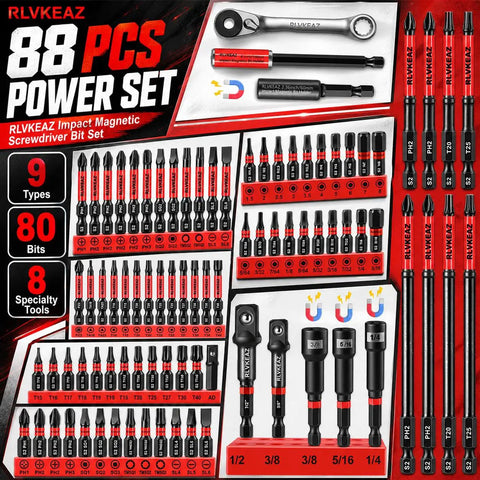 Real Deal 88 Piece Impact Driver And Magnetic Screwdriver Bit Set Tough Build S2 Steel with 80 bits and mini ratchet wrench displayed.