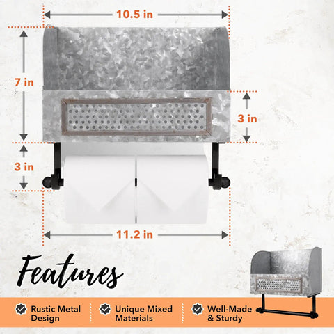 Galvanized Toilet Paper Holder With Shelf For Farmhouse Bathroom Decor Durable Wall Mount Double Roll Tissue Holder With Rustic Vintage Country Style dimensions