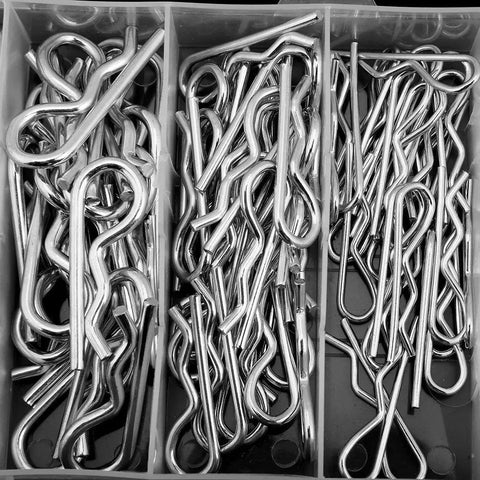Assortment of metal R clips in a case, Six Size Cotter Pin Assortment Kit 150 Pcs R Clip Set Built Rugged High Hardness Fasteners