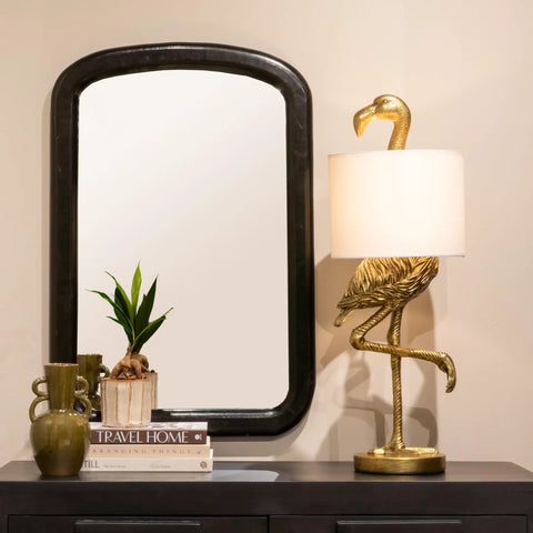Whimsical Resin Flamingo Table Lamp With Linen Shade In Gold Finish, 32 Inches Tall, Inline Switch, displayed by a mirror