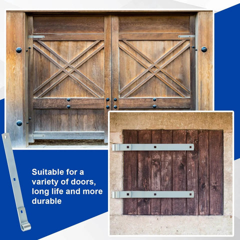 Barn doors with 16 Inch Zinc Strap Hinges 4 Pack For Gates Tool Sheds Barn Doors And Swing Doors in use, shown on wood.
