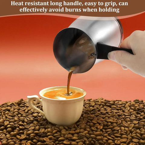 Pouring coffee from Turkish Coffee Pot Electric Maker 600ml 5 To 6 Cup Stainless Steel 110V into cup on coffee beans