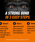 Gorilla Clear Glue banner showing 3-step usage on an orange background: Damp It, Glue It, Clamp It.