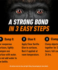 Instructions for using Crystal Clear All Purpose Glue for strong bonds in 3 steps: damp, glue, clamp
