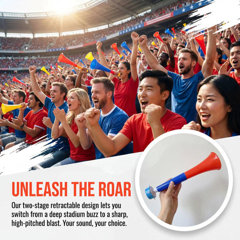 Fans using Six Pack Stadium Horns Vuvuzelas Extendable Eleven Inch Plastic Noise Makers at a game day in a stadium.