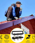 Roofer using Three Station Edge Roller Bender for sheet metal on a roof, showing tool for 0 to 90-degree bends, pro grade build.