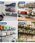 2 Pack Heavy Duty Garage Wall Shelves With 46 By Twelve Point Five Inch Floating Metal Shelves And Eight Hooks Wall Mounted Storage Rack Industrial Utility Organizer For Workshop Laundry Room Basement in various settings including garage, kitchen, laundry room, and outdoor.