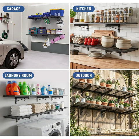 2 Pack Heavy Duty Garage Wall Shelves With 46 By Twelve Point Five Inch Floating Metal Shelves And Eight Hooks Wall Mounted Storage Rack Industrial Utility Organizer For Workshop Laundry Room Basement in various settings including garage, kitchen, laundry room, and outdoor.