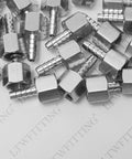 Rugged Stainless Steel 316 Barb Coupler With Quarter Inch Hose Insert And Three Eighth Female Npt Thread Designed For Demanding Plumbing Work Gets You Slick Connections Every Time Includes Five Hundred Bulk Pieces, showing multiple connectors.
