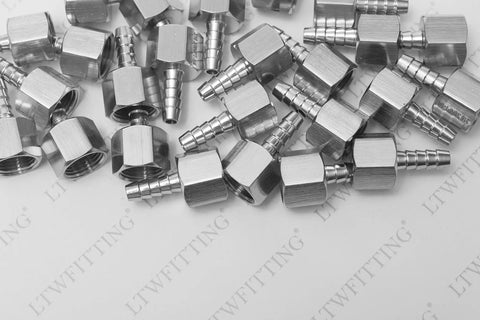 Rugged Stainless Steel 316 Barb Coupler With Quarter Inch Hose Insert And Three Eighth Female Npt Thread Designed For Demanding Plumbing Work Gets You Slick Connections Every Time Includes Five Hundred Bulk Pieces, showing multiple connectors.