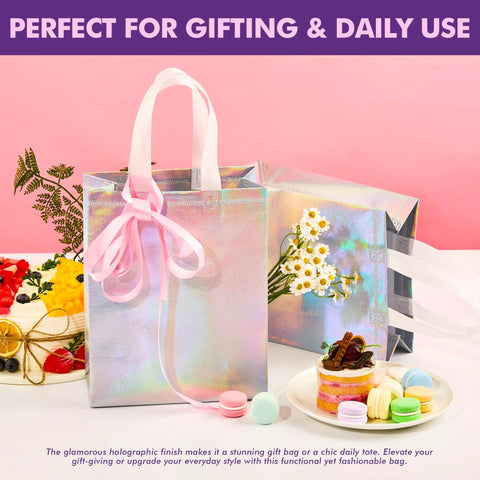 Iridescent Gift Bags With Handles 8x4x10 Inch Holographic Reusable Gift Bags Medium Size Blingy For Birthday Parties Christmas Weddings Holidays Valentines And Party Favors featuring flowers and treats