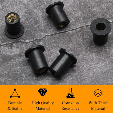 Heavy Duty M5 Rubber Well Nuts 12 Piece Kit with brass inserts, durable black neoprene grommets for motorcycle parts.