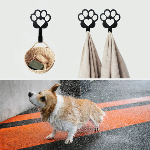 6 Pack Dog Paw Shaped Wall Hooks For Leashes And Gear Metal Wall Mounted Hanger with towels and basket in use in home