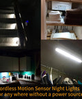 Collage of Super Bright Rechargeable Closet Lights With 78 LED Motion Sensor illuminating stairs, shelves, kitchen, and closet.