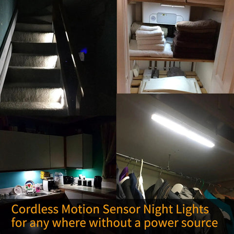 Collage of Super Bright Rechargeable Closet Lights With 78 LED Motion Sensor illuminating stairs, shelves, kitchen, and closet.