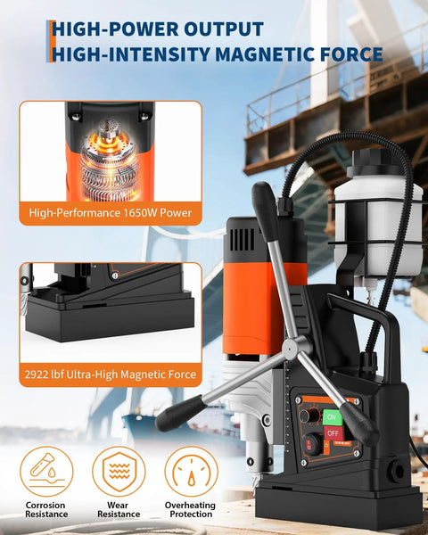 Heavy-Duty 1650W Magnetic Drill Press With One Point Five Seven Inch Boring Diameter And Adjustable Speed Control For Steel, showing the powerful motor and controls.