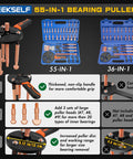 55 In 1 Bearing Puller Kit For Internal And External Bearings With 11 Puller Head Sets in blue storage box, detailed features