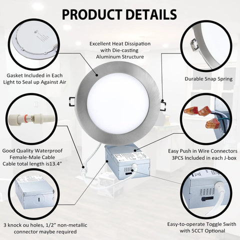 Canless 6 Inch LED Recessed Downlight With Junction Box Ultra Thin Dimmable Ceiling Light diagram showing components