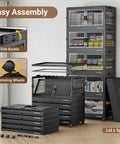 Legit Heavy Duty Stackable Storage Bins With Four Dual Access Doors And Three Secure Lids Foldable Plastic Organizers For Huge Closets And Garages Making Your Space Look Amazing, showcasing assembly features and wheels.