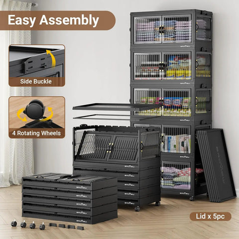 Legit Heavy Duty Stackable Storage Bins With Four Dual Access Doors And Three Secure Lids Foldable Plastic Organizers For Huge Closets And Garages Making Your Space Look Amazing, showcasing assembly features and wheels.