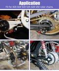 CILOYU universal motorcycle chain breaker tool; front view with 420-530 chain on the sprocket.
CILOYU universal motorcycle chain breaker tool; side view of chain on rear sprocket.
CILOYU universal motorcycle chain breaker tool; close-up of 420-530 chain engaging the sprocket.
CILOYU universal motorcycle chain breaker tool; installed view on motorcycle chain drive and rear wheel.