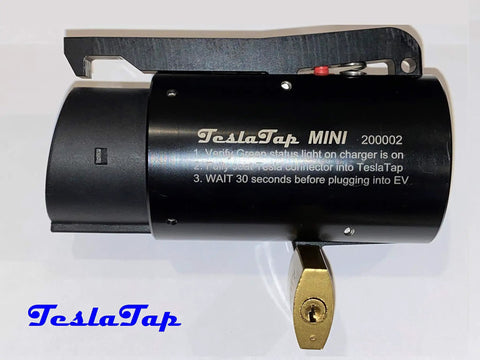 Slick Tesla To J1772 Adapter Sixty Amp Plug And Play setup showing a compact black TeslaTap connector with instructions.