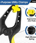 Front view of a 6-inch heavy-duty plastic spring clamp, black frame with yellow handles, pack of four
