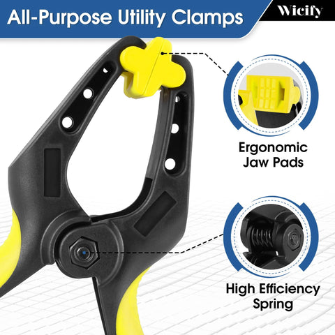 Front view of a 6-inch heavy-duty plastic spring clamp, black frame with yellow handles, pack of four
