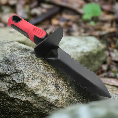 Heavy Duty Metal Detecting Shovel With Carry Sheath Dual Serrated Edge Digging Tool on rocky terrain
