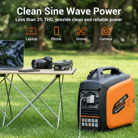 Beefy 2800 Watt Portable Inverter Generator for Home and Camping Use Gas Powered Quiet Emergency Backup next to table setup.