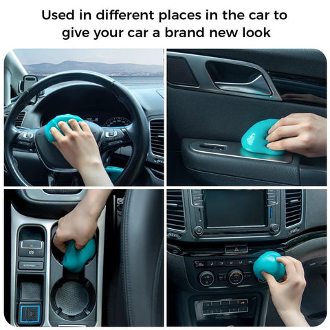 Using Two Pack Car Cleaning Gel Universal Dust Cleaner on car steering wheel, door handle, cup holder, and dashboard controls.