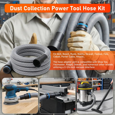 Man holding 16 Ft Beefed Up Pro Grade Heavy Duty TPE Shop Vac Hose Extension Kit With 1-1/4 Inch Diameter And 6 Adapters