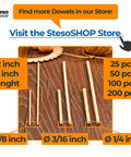 Super Solid Wooden Dowel Rods 60 Pcs Assorted 12 Inch Long Natural Wood Sticks 1/8 3/16 1/4 Inch Diameter Smooth Cut on display.