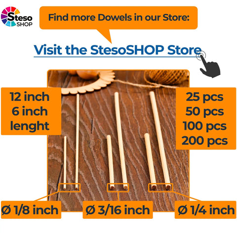 Super Solid Wooden Dowel Rods 60 Pcs Assorted 12 Inch Long Natural Wood Sticks 1/8 3/16 1/4 Inch Diameter Smooth Cut on display.