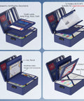 Fireproof Document Bag With Lock Insulated Large Document Box For Travel And Home Safe Storage Waterproof Zipper Includes 13 Section Accordion File Folder Blue with open compartments showing organized documents and accessories.