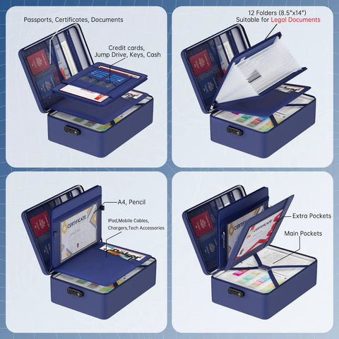 Fireproof Document Bag With Lock Insulated Large Document Box For Travel And Home Safe Storage Waterproof Zipper Includes 13 Section Accordion File Folder Blue with open compartments showing organized documents and accessories.